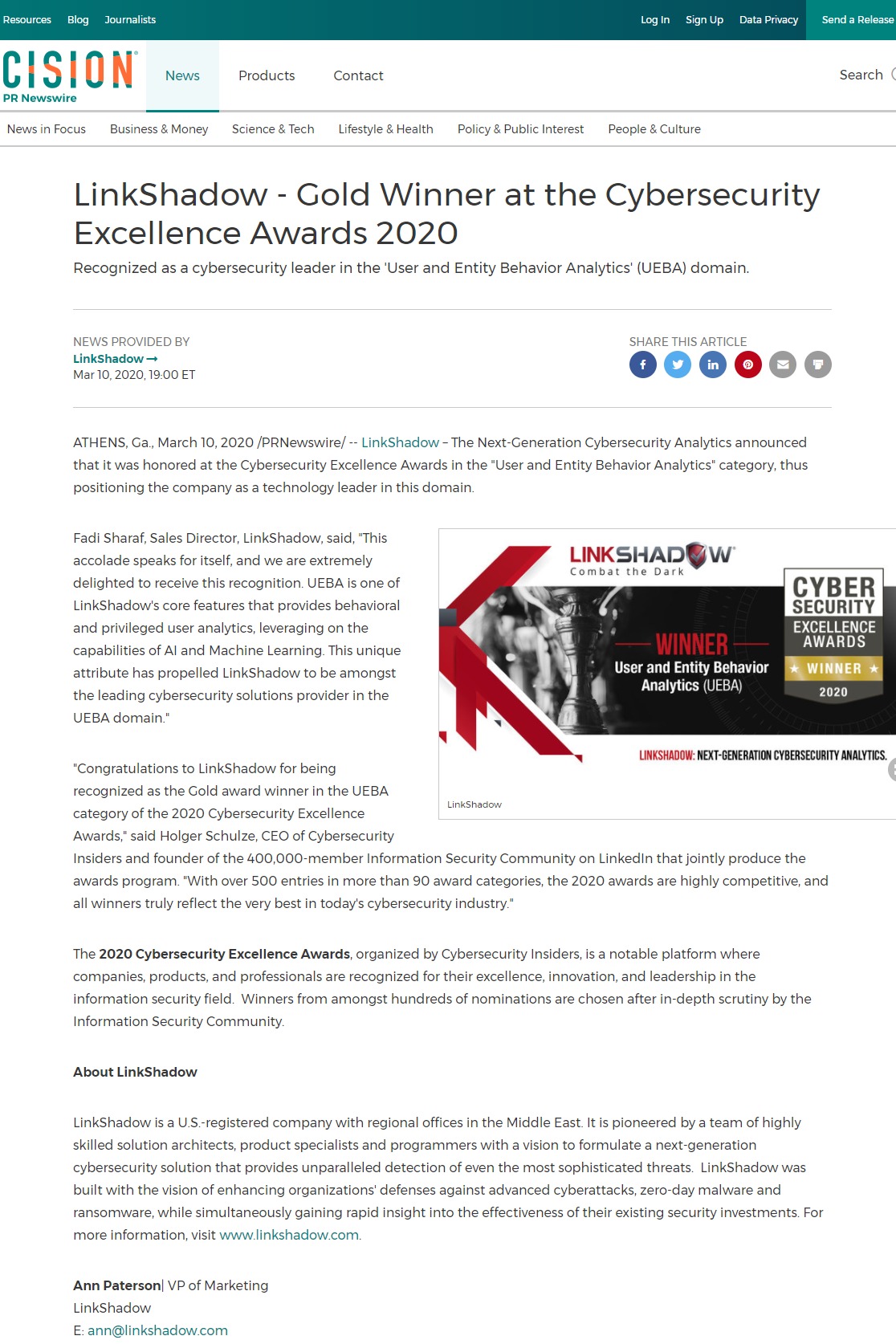 LinkShadow - Gold Winner at the Cybersecurity Excellence Awards 2020