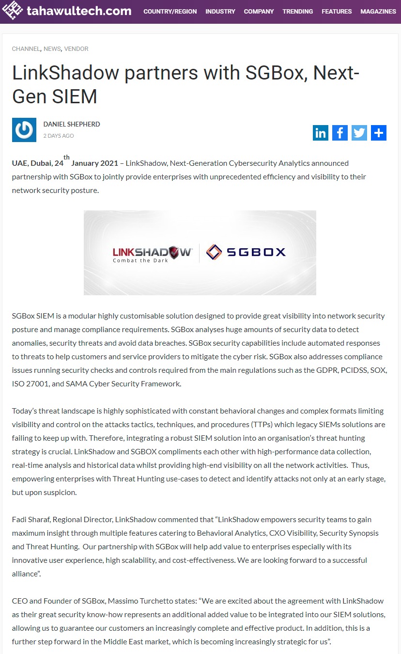 LinkShadow partners with SGBox, Next-Gen SIEM