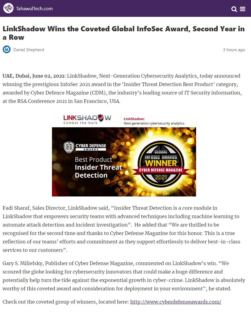 LinkShadow Wins the Coveted Global InfoSec Award, Second Year in a Row