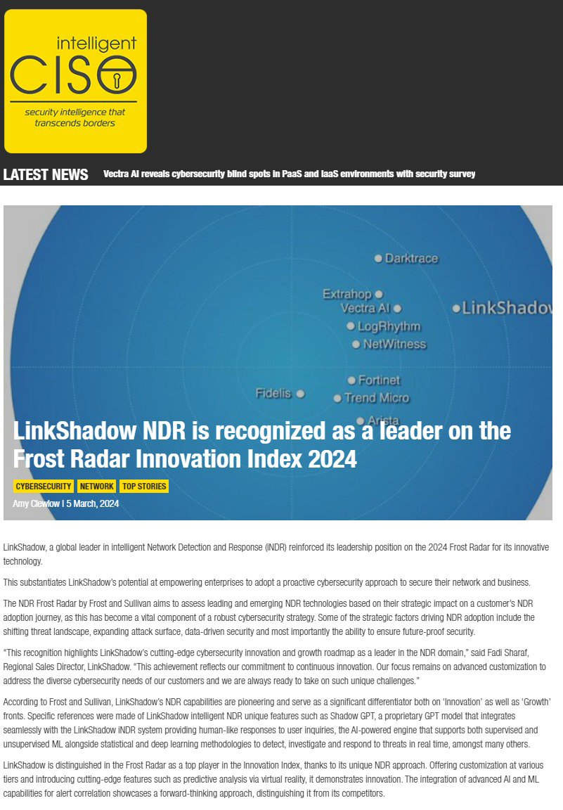 LinkShadow NDR is Recognized as a Leader on the Frost Radar Innovation Index 2024