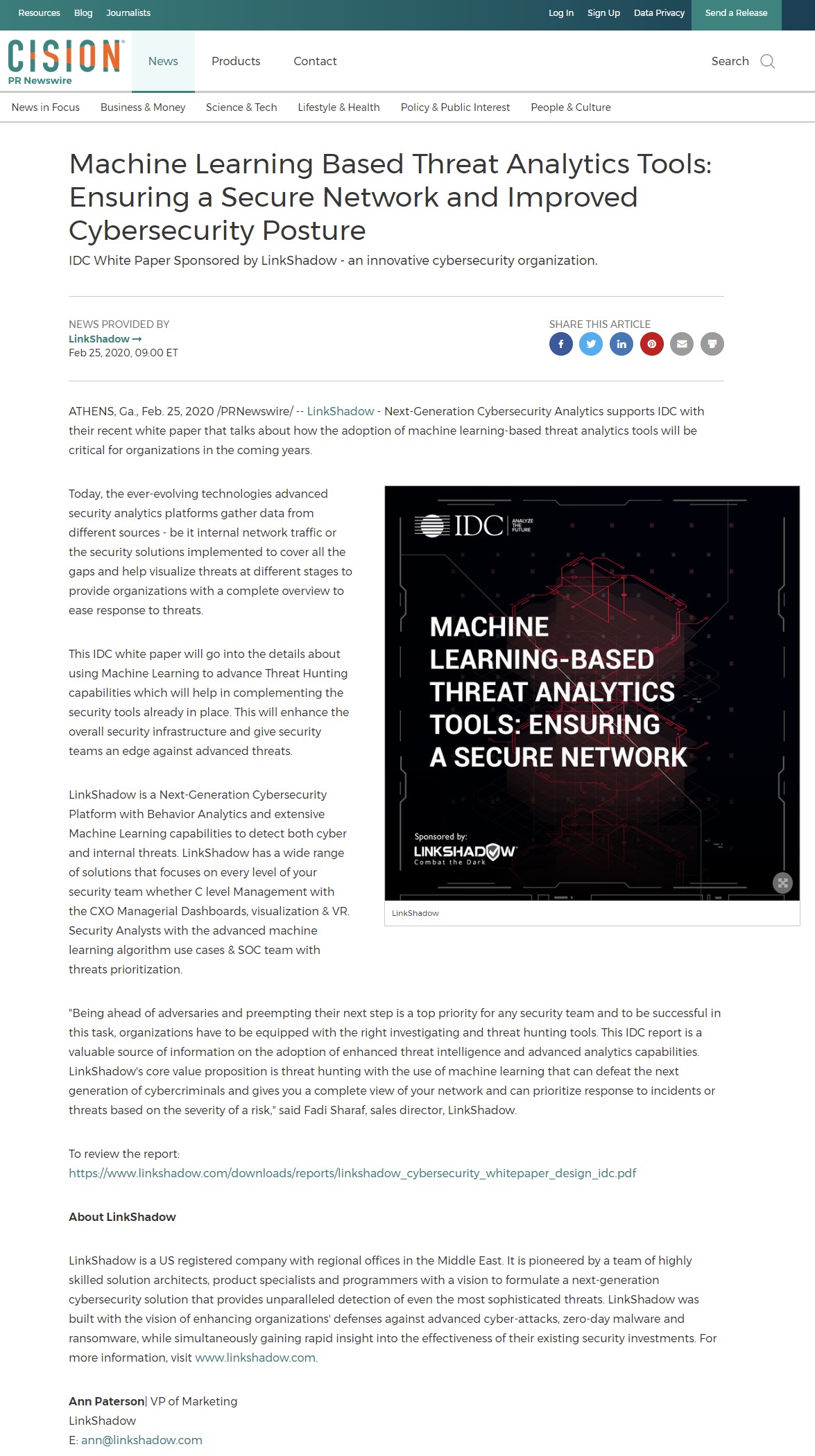 IDC White Paper Sponsored by LinkShadow: Machine Learning Based Threat Analytics Tools