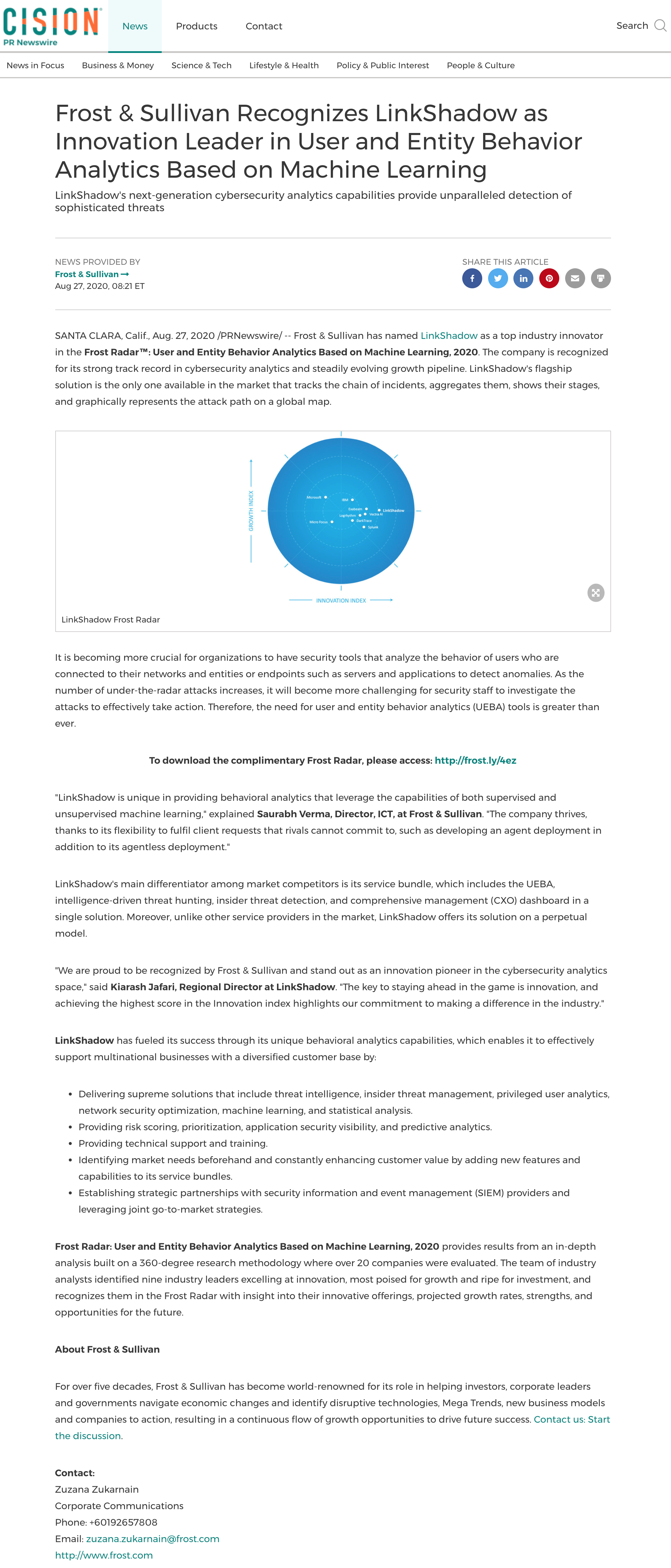 Frost & Sullivan Recognizes LinkShadow as Innovation Leader in User and Entity Behavior Analytics Based on Machine Learning